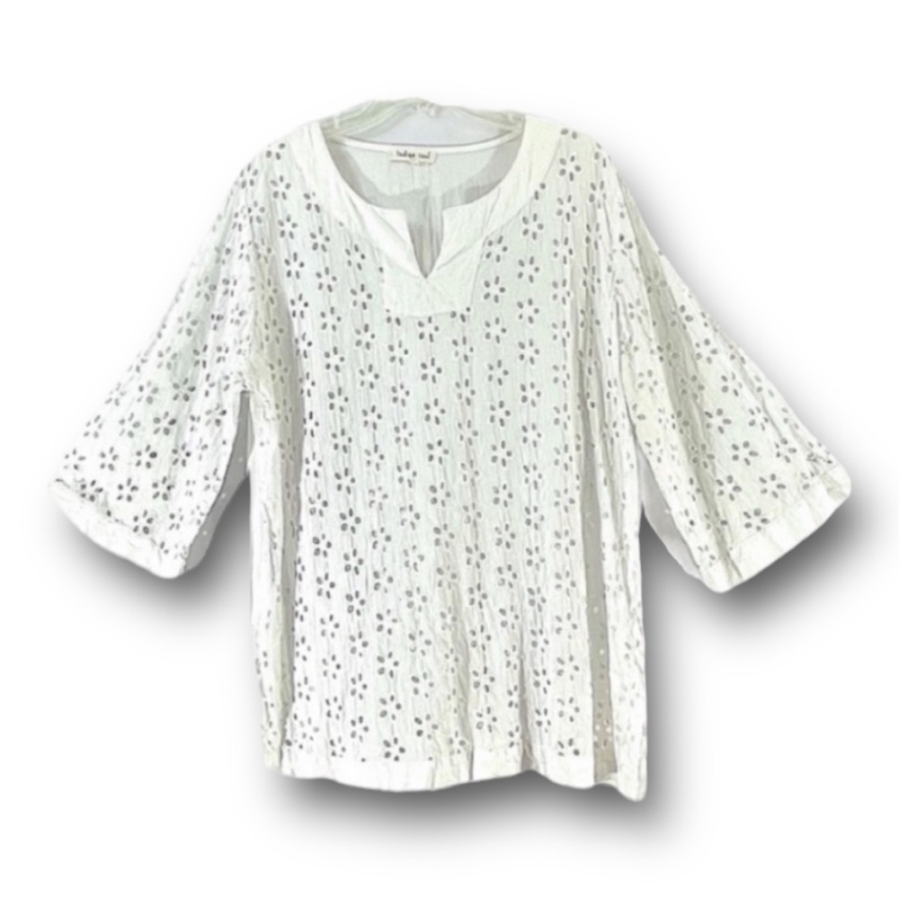 INDIGO SOUL white eyelet boho bell sleeve top EX L
